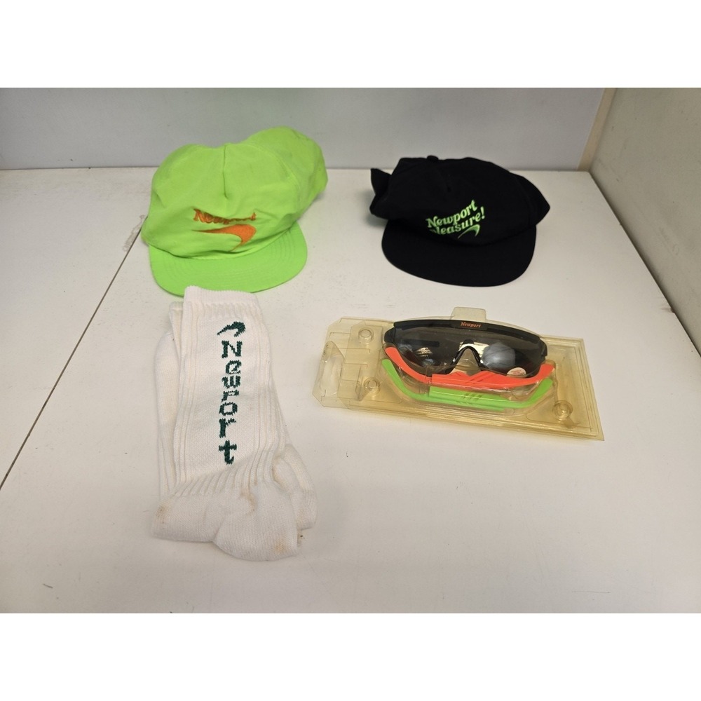 Vtg Lot Of 4‎ Newport Cigarettes Snapback Hats Black/Neon , Sunglasses, Socks
